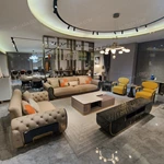 Beige Tufted Leather Sofa Collection with Yellow Velvet Accent Chairs & Stainless Steel Frames